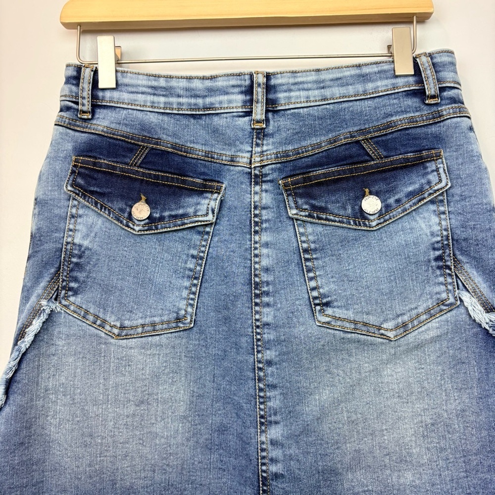 APNY • Fray Hem A-Line Denim Midi Pencil Skirt - Picture 9 of 15